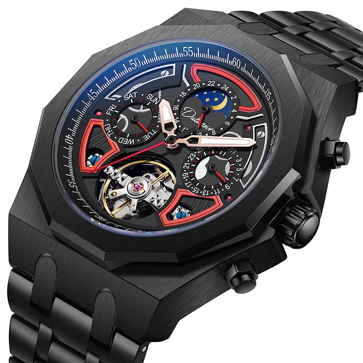 Montre Sport Automatique Homme Tourbillon Cadran Multifonction Bracelet Caoutchouc Acier