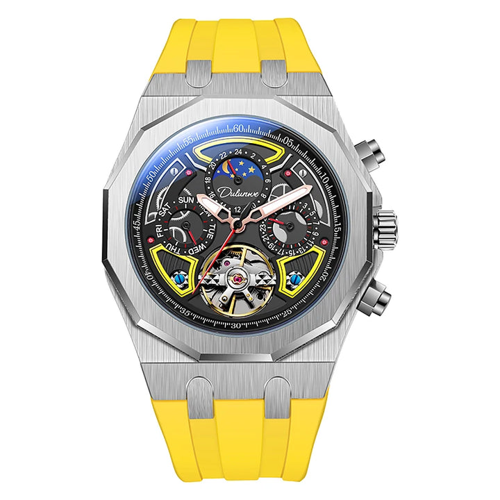 Montre Sport Automatique Homme Tourbillon Cadran Multifonction Bracelet Caoutchouc Acier